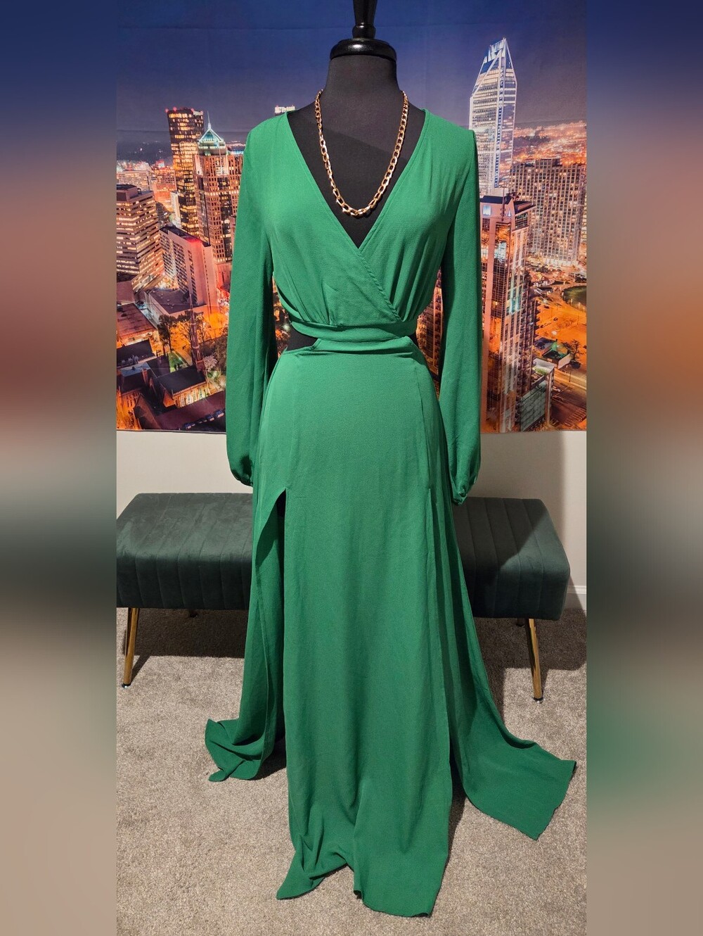 SHEIN Emerald Green Long Sleeve Wrap Maxi Dress